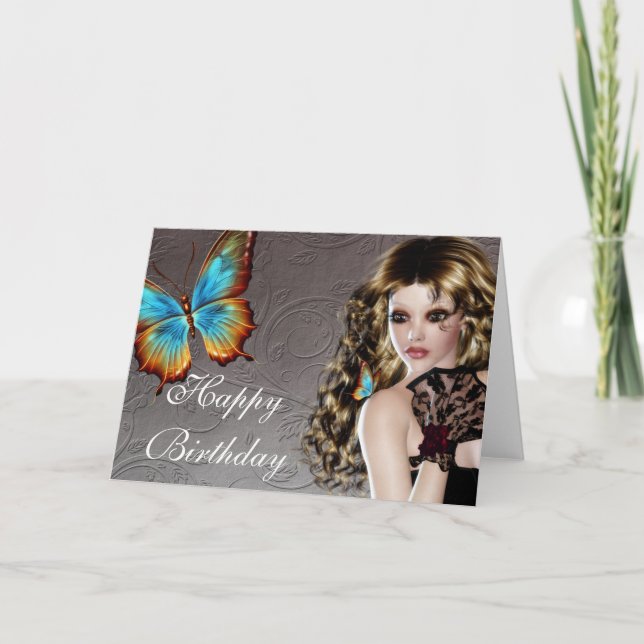 Fantasy Brunette with Butterfly Birthday Card (Front)
