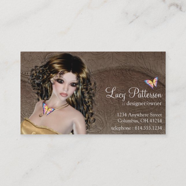 Fantasy Brunette Woman Butterfly Business Card (Front)