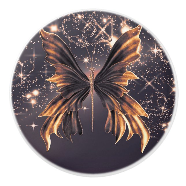 Fantasy Butterfly Gold Sparkle Elegant Chic Ceramic Knob (Front)