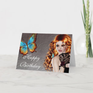 Fantasy Butterfly Redhead Woman Birthday Card