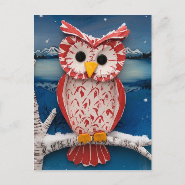  Fantasy Candy cane Owl encaustic birch tree Postcard (Front)