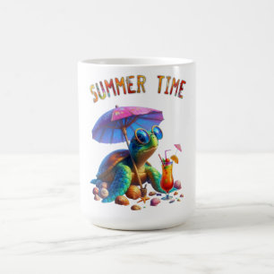 Fantasy cartoon of a turtle relaxing on the beach  coffee mug
