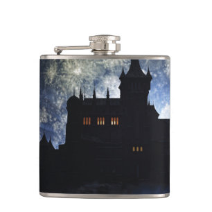 Fantasy castle during night hip flask