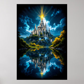 Fantasy Castle Reflecting in Lake with Magical  Poster