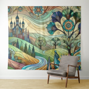 Fantasy Castle with Colourful Hills and River Tapestry