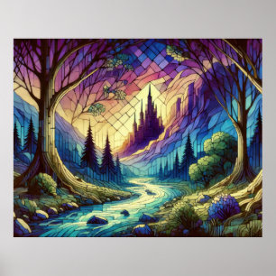 Fantasy Castle with Enchanted Forest and River Poster