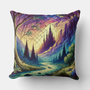 Fantasy Castle with Enchanted Forest and River Throw Pillow