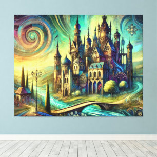 Fantasy Castle with Swirling Sky and Flowing River Canvas Print