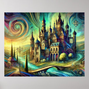 Fantasy Castle with Swirling Sky and Flowing River Poster