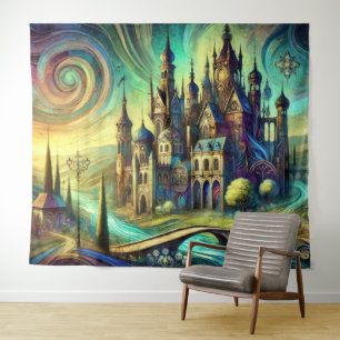 Fantasy Castle with Swirling Sky and Flowing River Tapestry