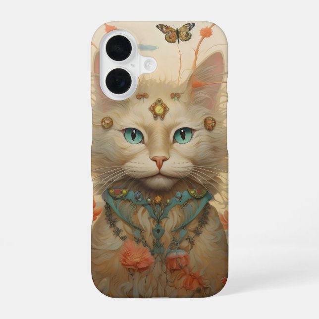 Fantasy Cat Flowers iPhone 16 Case (Back)