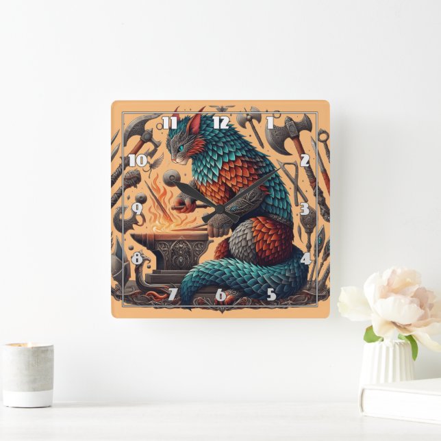Fantasy Cat Forging in a Magical Workshop Square Wall Clock (Home)