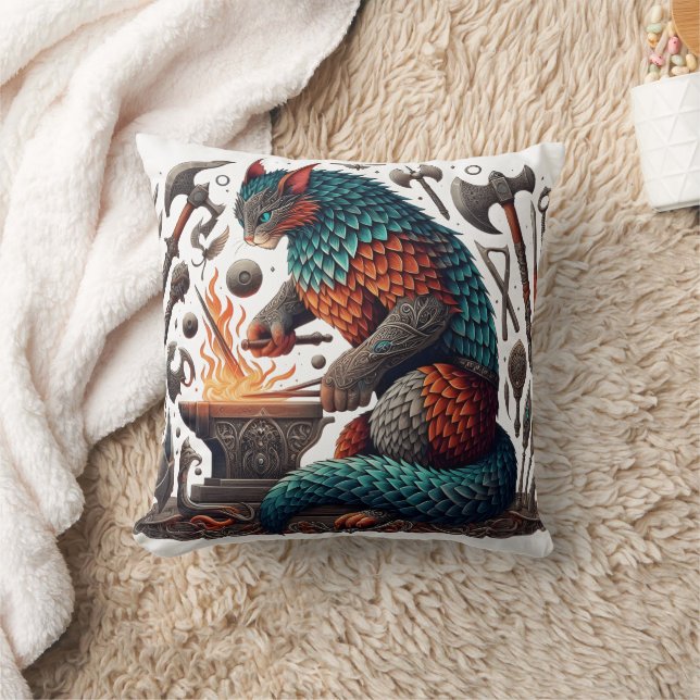 Fantasy Cat Forging in a Magical Workshop Throw Pillow (Blanket)