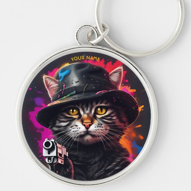 Fantasy Cat Gangster Gun Keychain (Front)