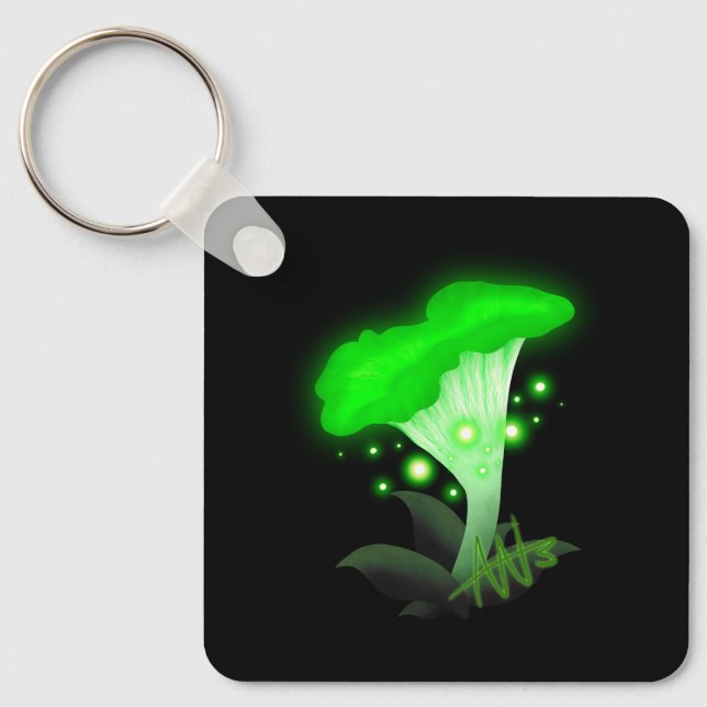 Fantasy Chanterelle Glowing Green Mushroom Metal Keychain (Front)