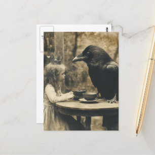 Fantasy Child and Raven Tea Party in Sepia Postcard