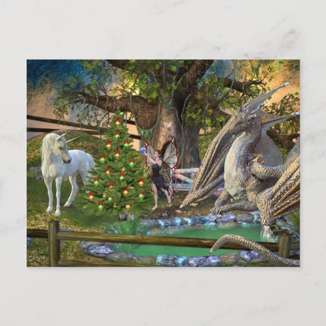 Fantasy Christmas Fairy Unicorn Dragon Postcard (Front)