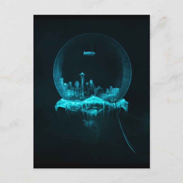 Fantasy City in a Snowglobe with a Blimp Postcard (Front)