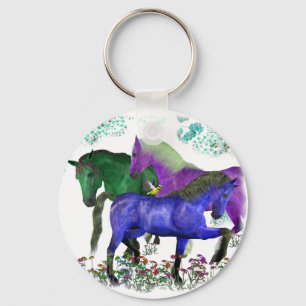 Fantasy coloured horses in flowers graphic design keychain