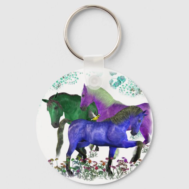 Fantasy coloured horses in flowers graphic design keychain (Front)