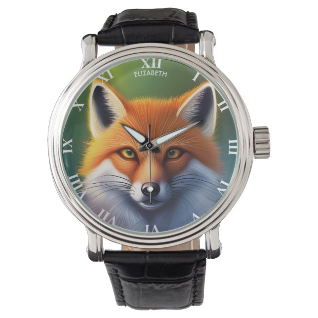 Fantasy Colourful Fox Art Deco Style Watch (Front)