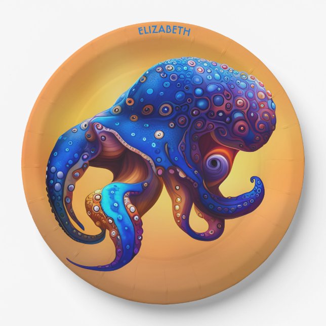 Fantasy Colourful Octopus In Blue. Paper Plate (Front)