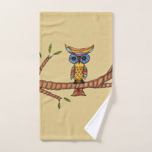 Fantasy Colourful Owl Big Eyes on Branch on Tan Hand Towel
