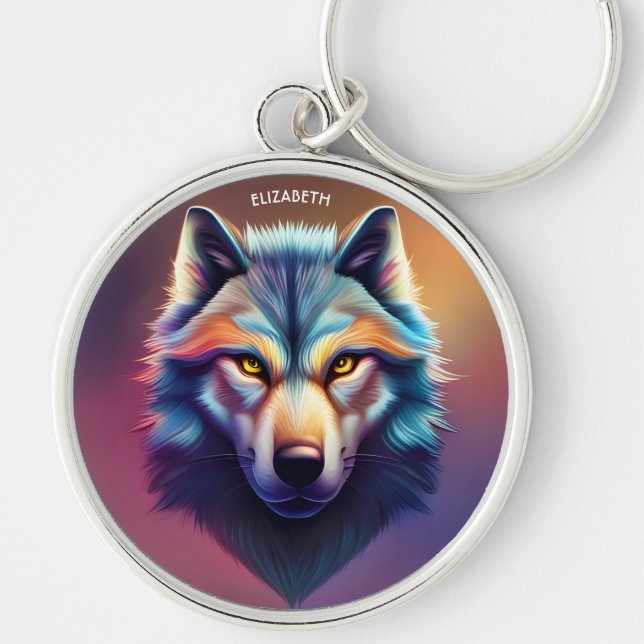 Fantasy Colourful Wolf Art Deco Style Keychain (Front)