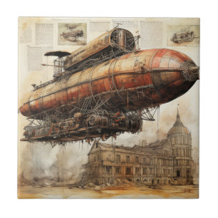 Fantasy Copper Airship Above a Magical City Tile
