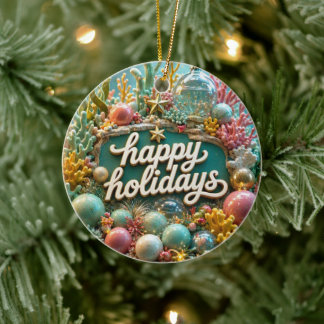 Fantasy Coral Reef Happy Holidays Ceramic Ornament