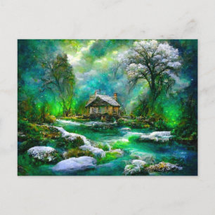 Fantasy cottage in spring. melting postcard