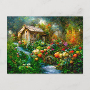 Fantasy Cottage mit üppigem Garten voller Blumen.  Postcard