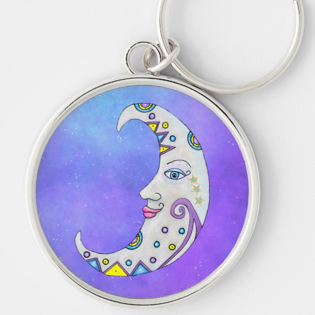 Fantasy Crescent Moon Colourful Markings Stars Sky Keychain (Front)