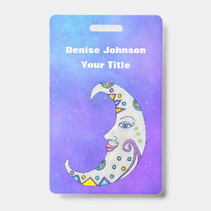 Fantasy Crescent Moon With Face Decorations Purple Badge