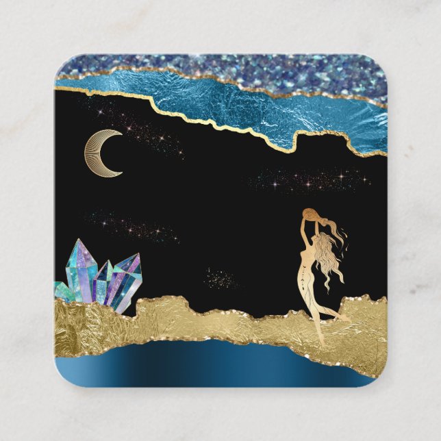 *~* Fantasy Crystal Goddess Celestial Gold Glitter Square Business Card (Front)