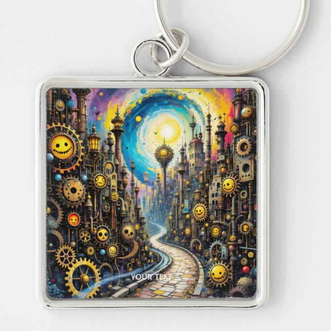 Fantasy Cute Abstract Steampunk City Keychain (Front)