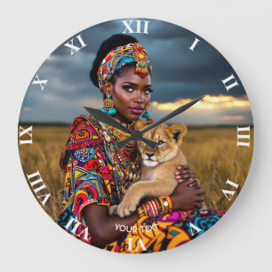 Fantasy Cute African Woman Lion Large Clock