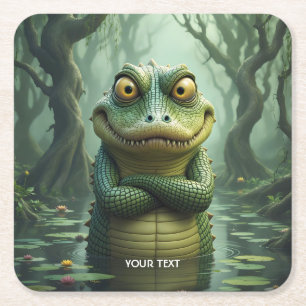 Fantasy Cute Angry Crocodile Trees Square Paper Coaster