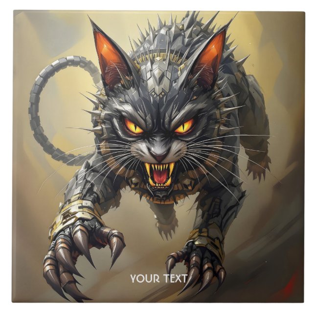 Fantasy Cute Angry Cyborg Cat Tile (Front)