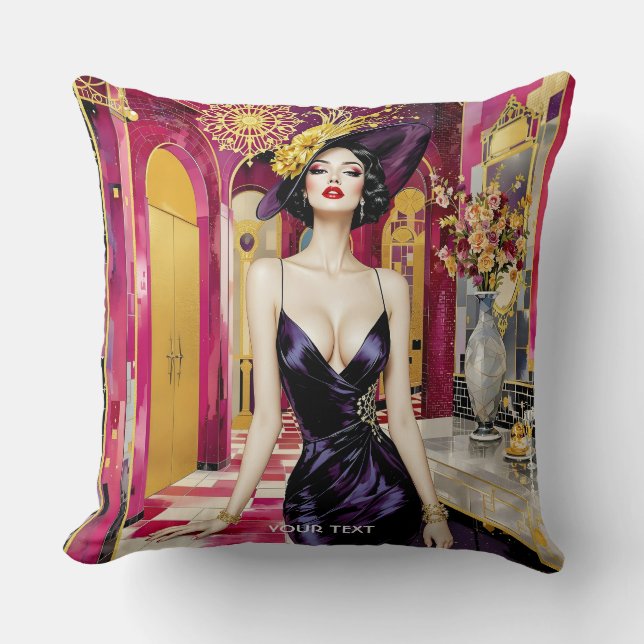Fantasy Cute Art Deco Lady Throw Pillow (Front)