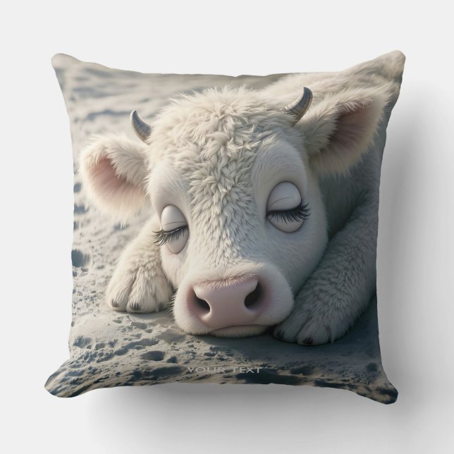 Fantasy Cute  Baby Cow Sleeping Throw Pillow (Front)