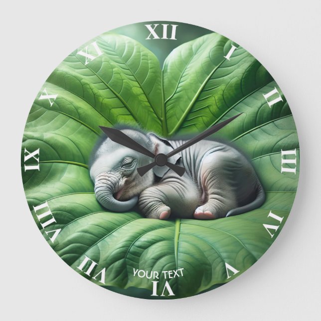 Fantasy Cute Baby Elephant Leaf Large Clock (Front)