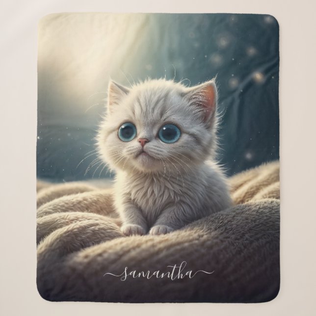 Fantasy Cute Baby Kitty Cat Lover's Personalized Sherpa Blanket (Front)