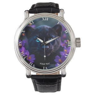 Fantasy Cute Baby Panther Flowers Watch