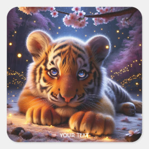 Fantasy Cute Baby Tiger Sakura Square Sticker