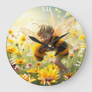Fantasy Cute Bee Flowers Kiss Large Clock