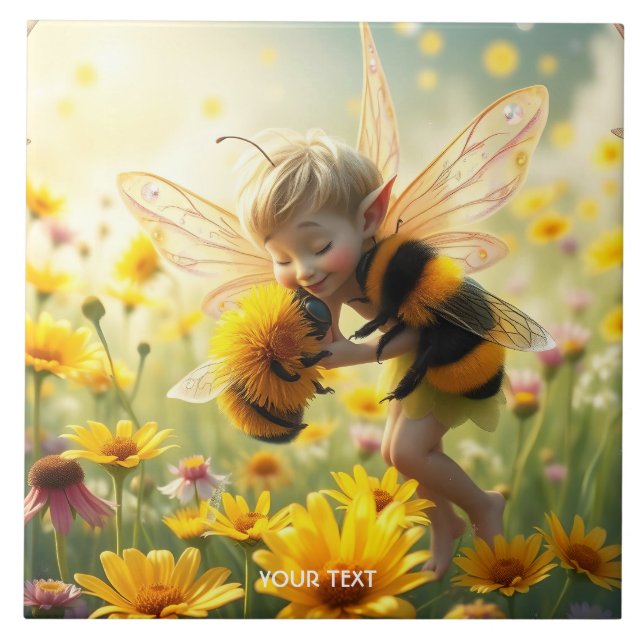 Fantasy Cute Bee Flowers Kiss Tile (Front)