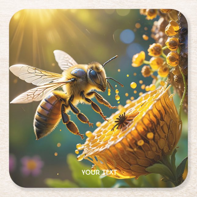 Fantasy Cute Bee Flowers Sun Square Paper Coaster (Front)