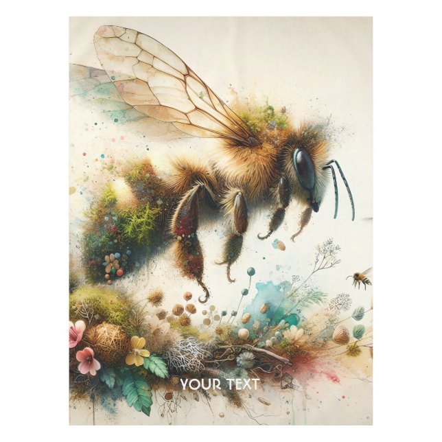 Fantasy Cute Bee Watercolor Flowers Tablecloth (Front)