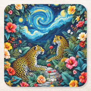 Fantasy Cute Big Cats Flowers Square Paper Coaster